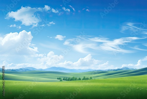 Rolling green hills beneath a brilliant blue sky adorned with fluffy clouds.