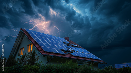 Residential house equipped with solar panels for renewable energy in a heavy thunderstorm with lightning, a part of the panels is already destroyed
 photo