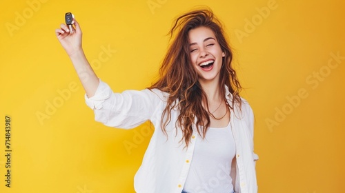 Young cool fun happy woman she wears white shirt casual clothes hold in hand car keys fob keyless system stretch hand to camera isolated on plain yellow background studio portrait. Lifestyle concept. photo