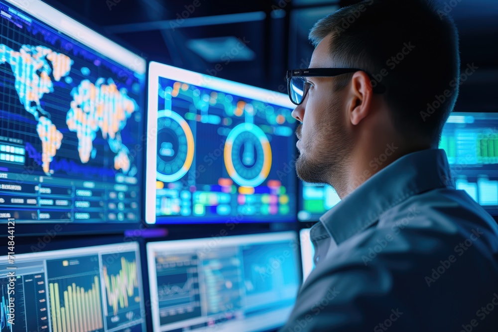 Digital analyst monitors network traffic on dashboard. Digital analyst monitors network traffic on dashboard.