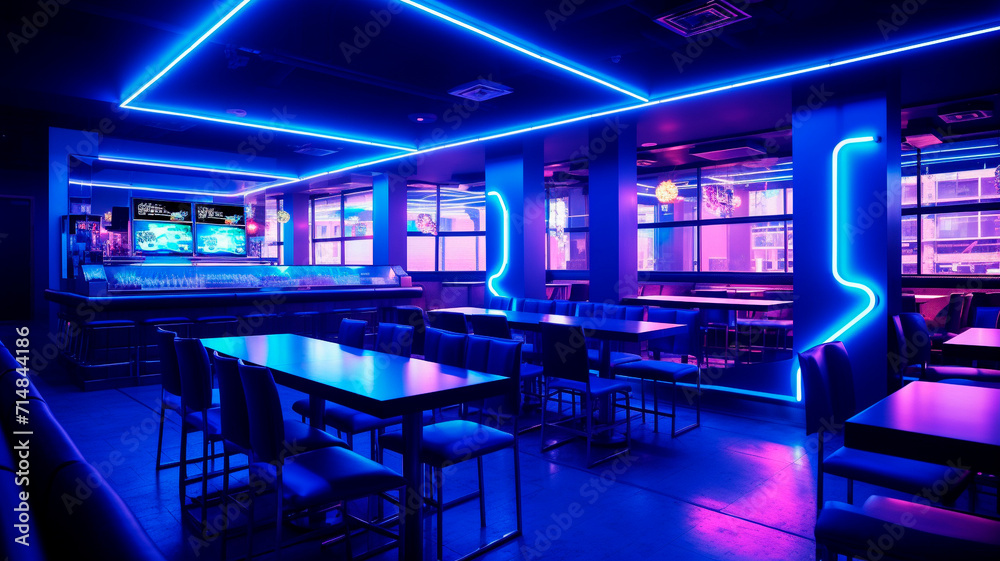 A modern spacious restaurant or nightclub with a lot of neon lights and LED strips. A modern spacious restaurant or nightclub with a lot of neon lights and LED strips.