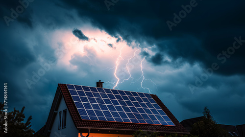 Residential house equipped with solar panels for renewable energy in a heavy thunderstorm with lightning