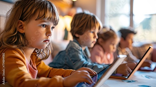children of different ages using tablets and laptops for online learning, with a focus on their expressions and the technology