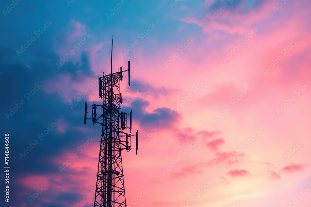 5G cellular tower against twilight sky, digital infrastructure symbol.