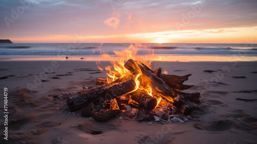 Bonfire against the backdrop of sunset or sunrise on the beach.