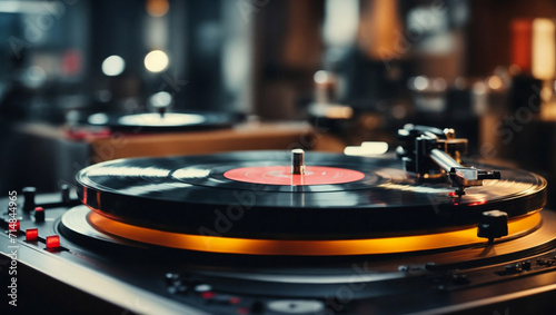 close up of a dj turntable playing with vinyl record