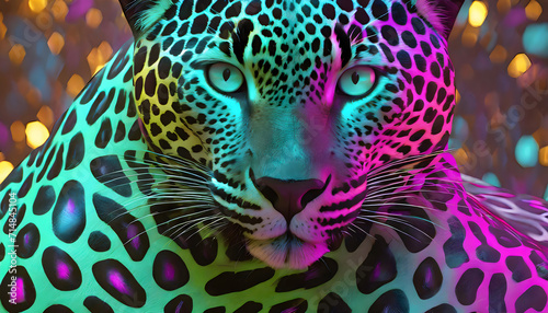 y2k, leopard, close up, neon, glow, blur, vibrant, textur, hinetrgrund, copy space, tier, modern, neu, pink, türkis, trend, 80s, 90s, leuchtend, bokeh,  photo