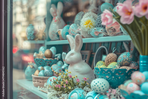 Shop window filled with an array of easter decorations. Generative AI