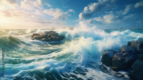 A realistic photo of a stormy sea off the coast with big waves crashing on rocks in sunny weather. Generative AI © kovalovds