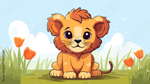 copy space, cute birthday card, sweet handdrawn cartoon style, a very sweet cute lion cub lying in the grass. Beautiful illustration for a children’s book, napkins, nursery. Wildlife, animal theme ill