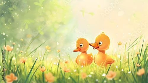 A cheerful cute little duck cartoon walks happily in the grass. photo