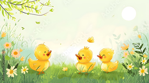 A cheerful cute little duck cartoon walks happily in the grass. photo