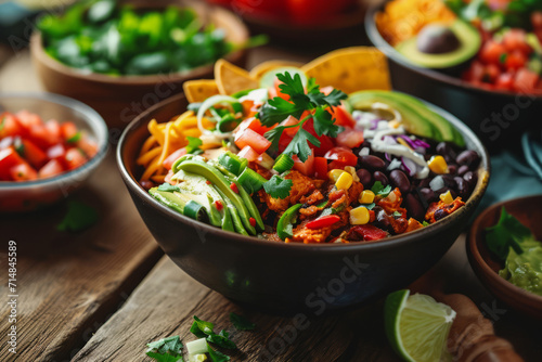 Mexican chicken burrito bowl with beans, tomato, avocado, corn and lettuce. Generative AI