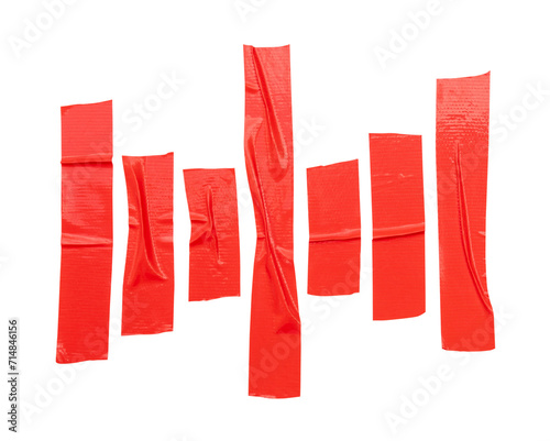 Top view set of red adhesive vinyl tape or cloth tape stripes isolated on white background with clipping path