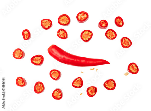 Top view set of fresh red chili pepper with slices or pieces isolated with clipping path in png file format