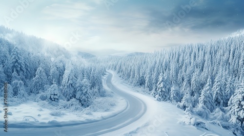 A winter scene with a road in the foreground and trees in the background Image