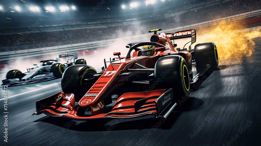 An image of Formula 1 racing cars moving around the track ai generative image