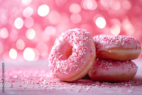 Pink donuts with sprinkle on bokeh background.