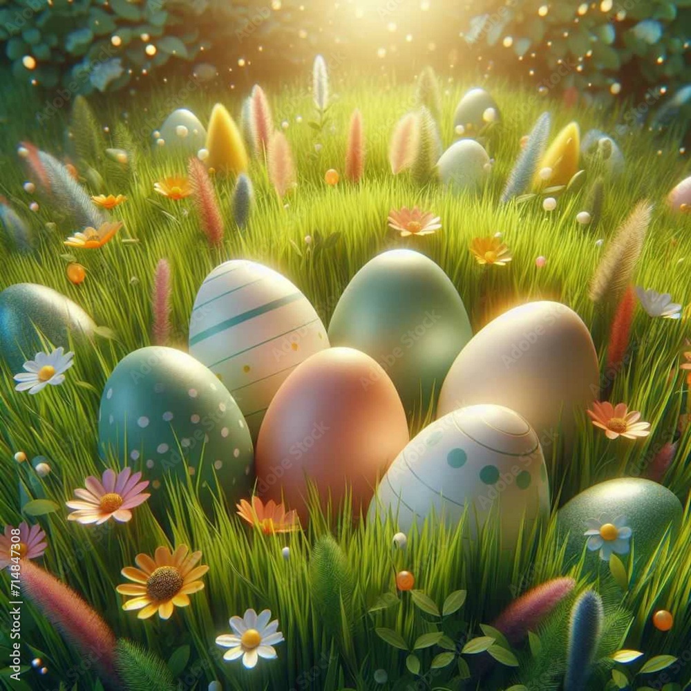 Colorful easter eggs on a green meadow with flowers.