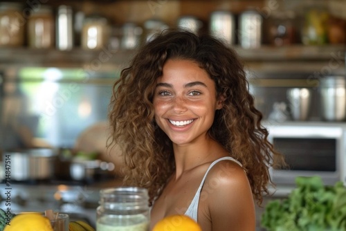 An African woman holds a glass of green smoothie in her hands against the background of the kitchen