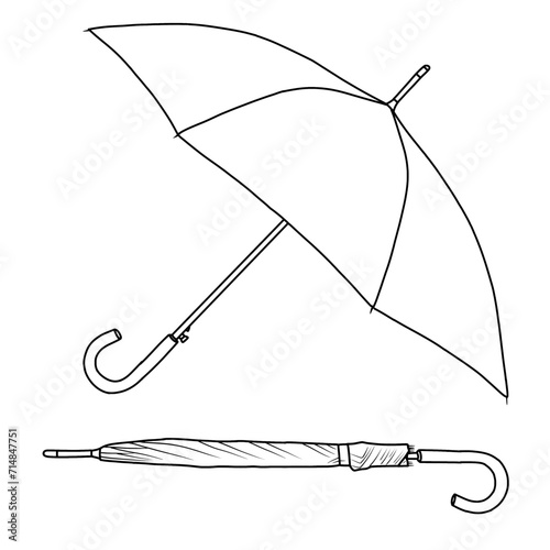 Technical sketch drawing of Open and folded umbrellas, Line art. Hand drawn colored Vector illustration. Cartoon style. suitable for your  umbrella design templates. Isolated on white background 
