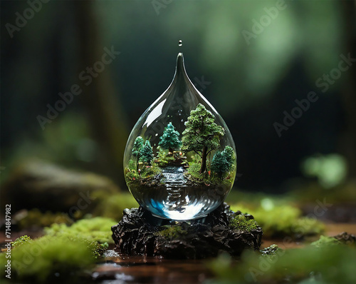 Nature in water drop with green ecology background. Water droplet. Nature ecology. Generative Ai 
