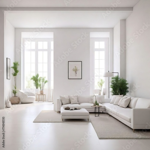 The interior of the living room is in white tones. lots of space. paintings, 3D rendering. Generative AI.modern bright interior of the apartment Living room