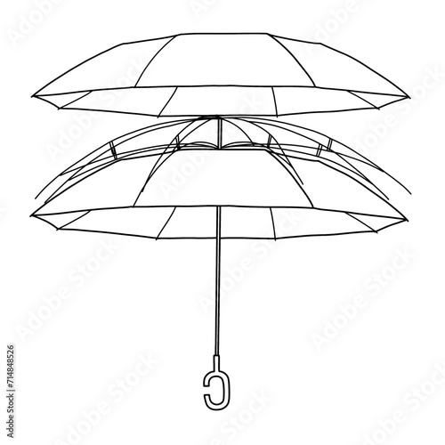 Technical sketch drawing of C shape Umbrella with two layer design Line art. Hand drawn Vector illustration. Cartoon style. Rain protection parasols for rainy weather, Isolated on white background