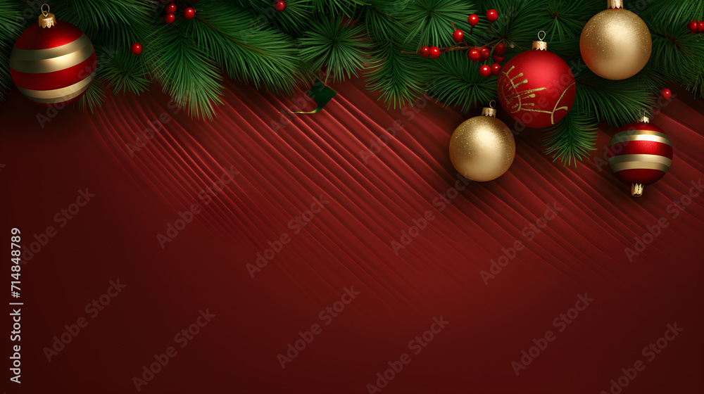 a red christmas background with leaves balls with copy space