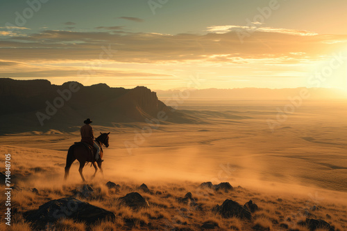 Cowboy riding a horse across a vast desert landscape during the golden hour	 photo