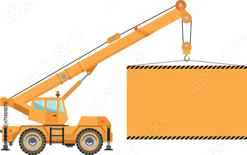 Mobile Wheel Crane with Poster Icon in Flat Style. Vector Illustration