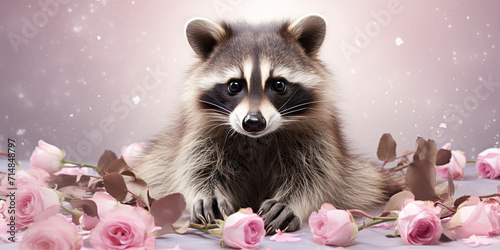 A cute little raccoon sits on a table with pink rose flowers. Spring advertising banner concept for veterinary clinic or pet store.