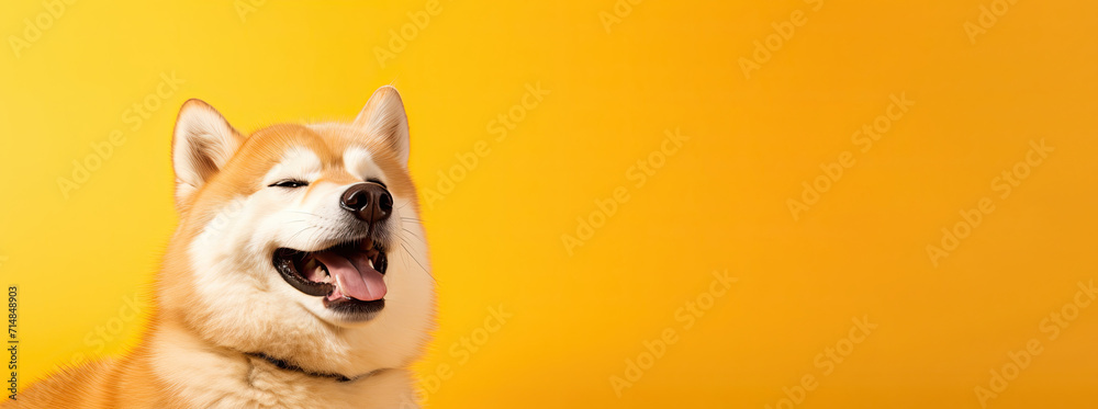 Shiba Inu dog portrait on an orange background. Banner concept for vet clinic or pet store with empty space for product placement or advertising text. - obrazy, fototapety, plakaty 