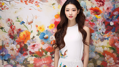 Beautiful Asian woman in white dress on floral wall background.