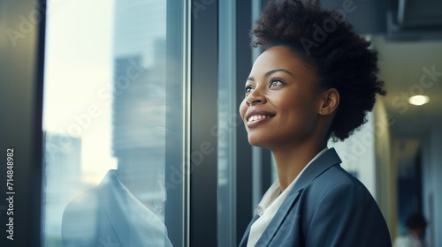 African young business woman looking at the window 