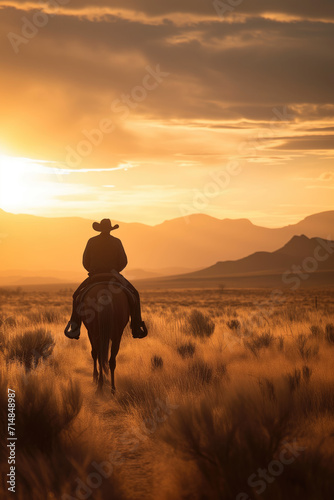 Cowboy riding a horse across a vast desert landscape during the golden hour  © thejokercze