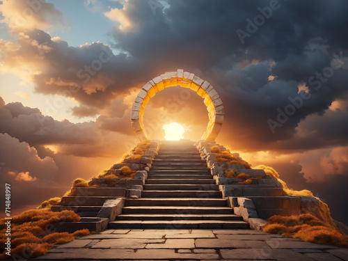 Stairway to heaven  stone staircase leading to orange-yellow glow in distance  clouds around design.