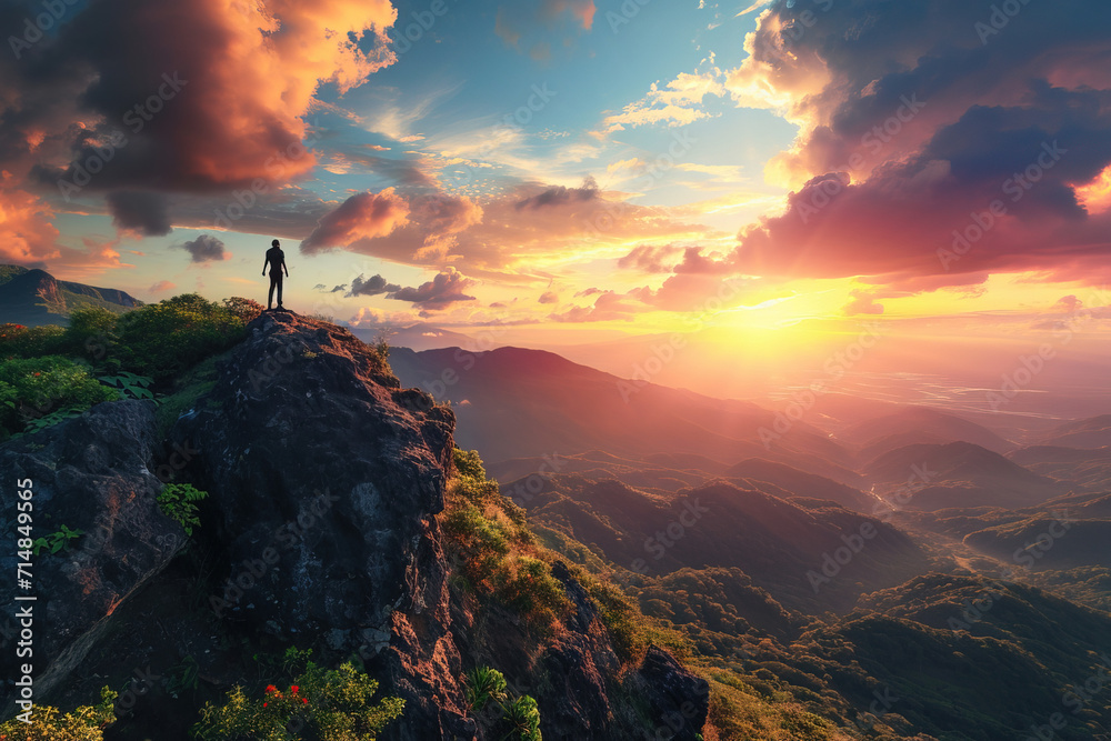 An individual standing on a cliff's edge, overlooking a breathtaking sunset with vibrant colors illuminating the sky.