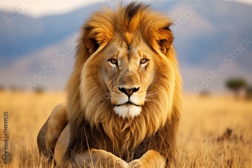 A large lion lying on the grass against the background of the savannah