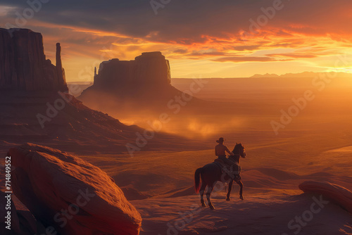 Cowboy riding a horse across a vast desert landscape during the golden hour	