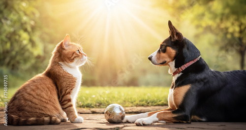 un cane e un gatto accucciati uno di fronte all'altro si osservano, sfondo con giardino al tramonto photo