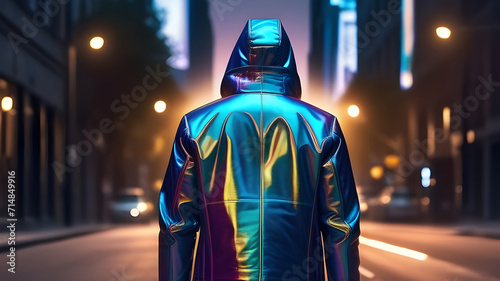 A man stands with his back in a halographic neon jacket with a hood.