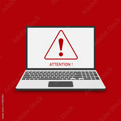 Attention warning attacker alert signs with exclamation marks on a laptop flat style. Abstract technology red color background. Attention Danger Hacking. Vector and Illustration.