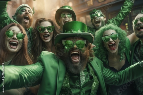 A group of happy friends celebrate St. Patrick's Day. They are dressed in carnival hats and clothes in shades of green.