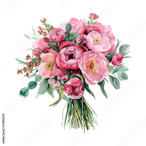 pink wedding bouquet cartoon style watercolor illustration on white background