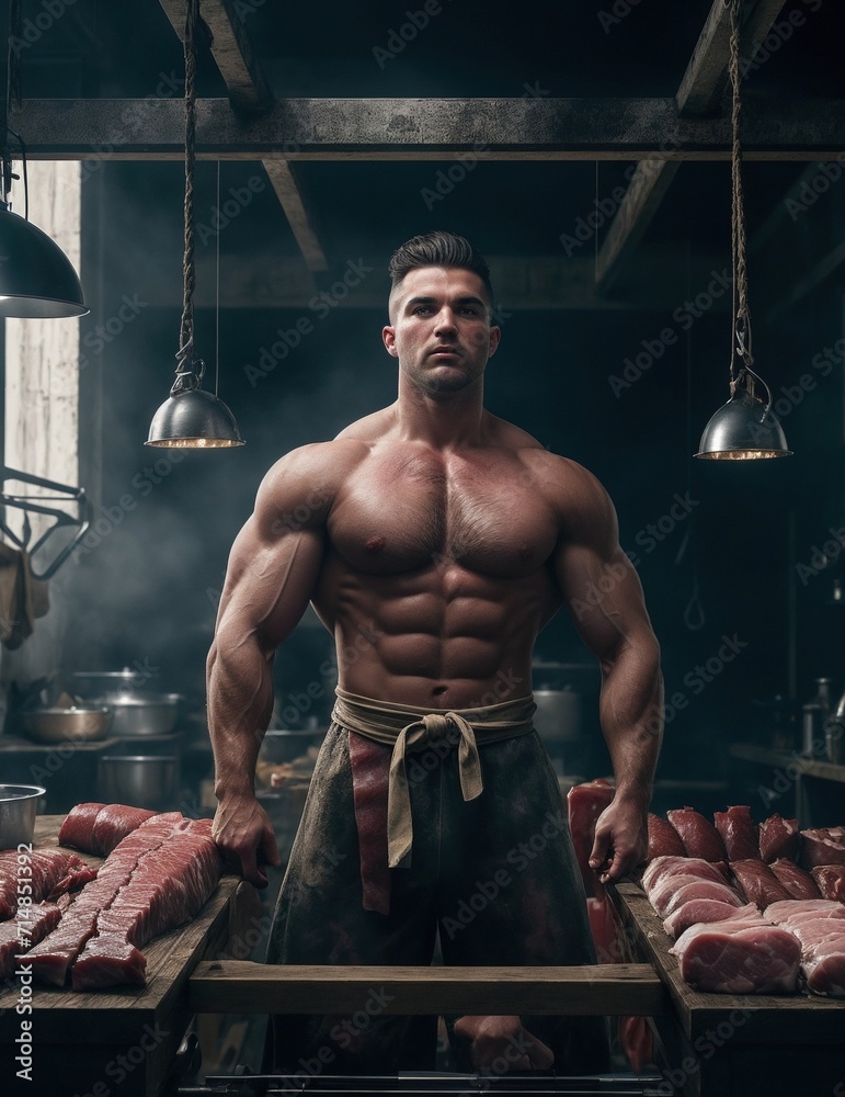 brutal muscle european male butcher - obrazy, fototapety, plakaty 