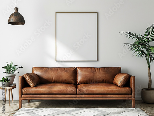 Interior design domestico in stile minimalista del soggiorno moderno. Divano in pelle marrone  shabby vicino al muro bianco con poster d'arte moderna,  photo