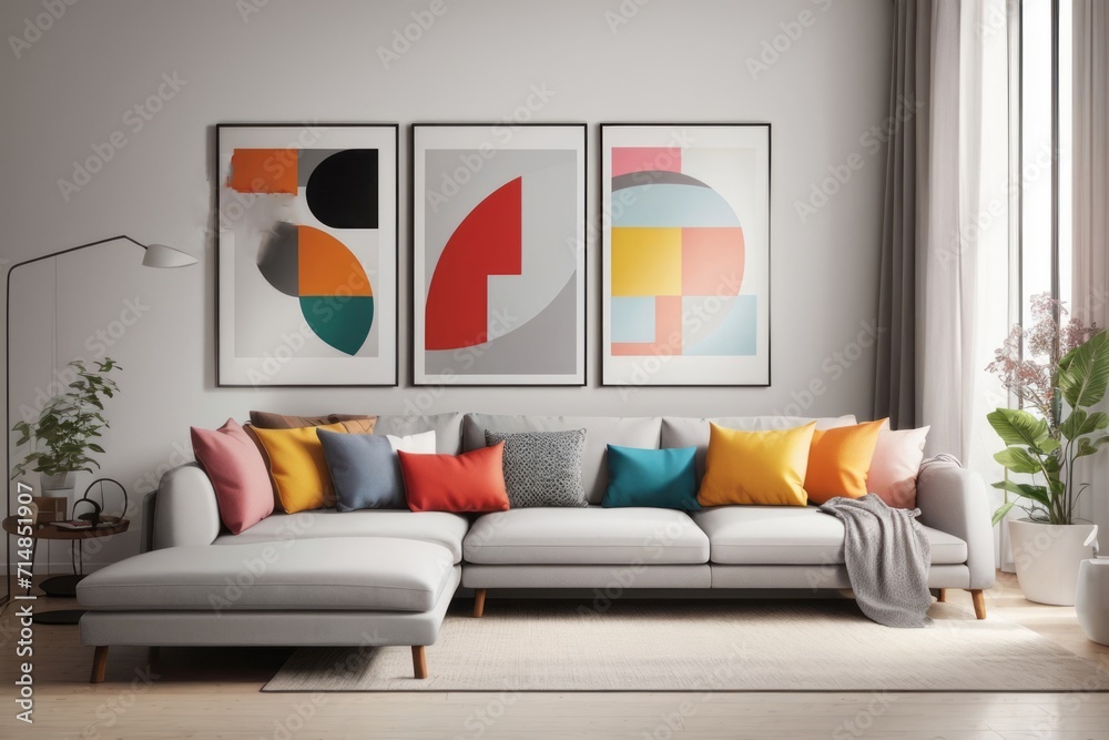 Fototapeta premium Scandinavian interior home design of modern living room with gray sofa and colorful pillows with pop art colorful abstract frame poster