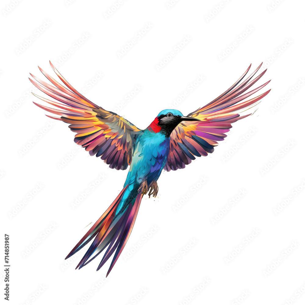 Fototapeta premium A Graceful and Colorful Bird in Mid. Flight Its Wings Spread Wide Against a Blue Sky.. Isolated on a Transparent Background. Cutout PNG.