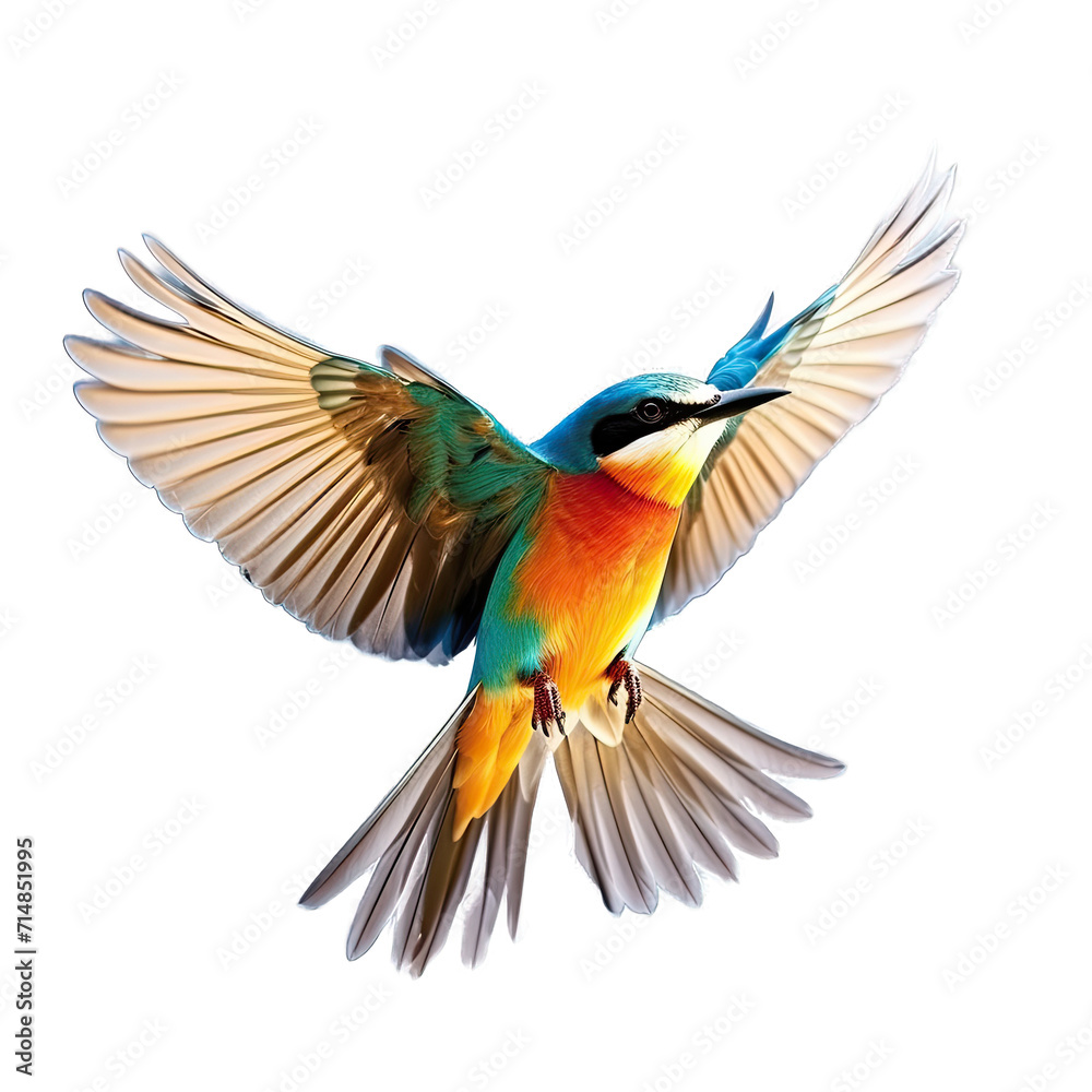 A Graceful and Colorful Bird in Mid. Flight Its Wings Spread Wide Against a Blue Sky.. Isolated on a Transparent Background. Cutout PNG.